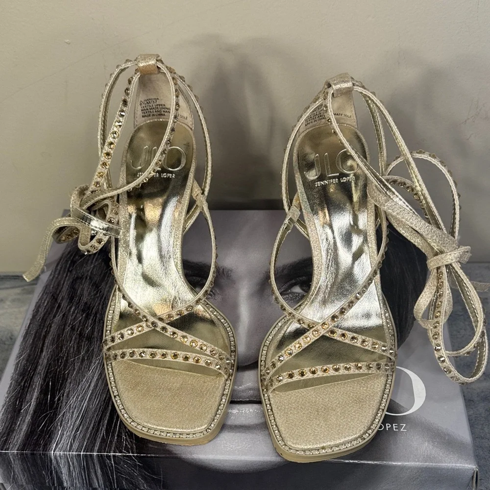 JLO Jennifer Lopez Gardina Gold Rhinestone Wrap Stiletto - Size 6.5